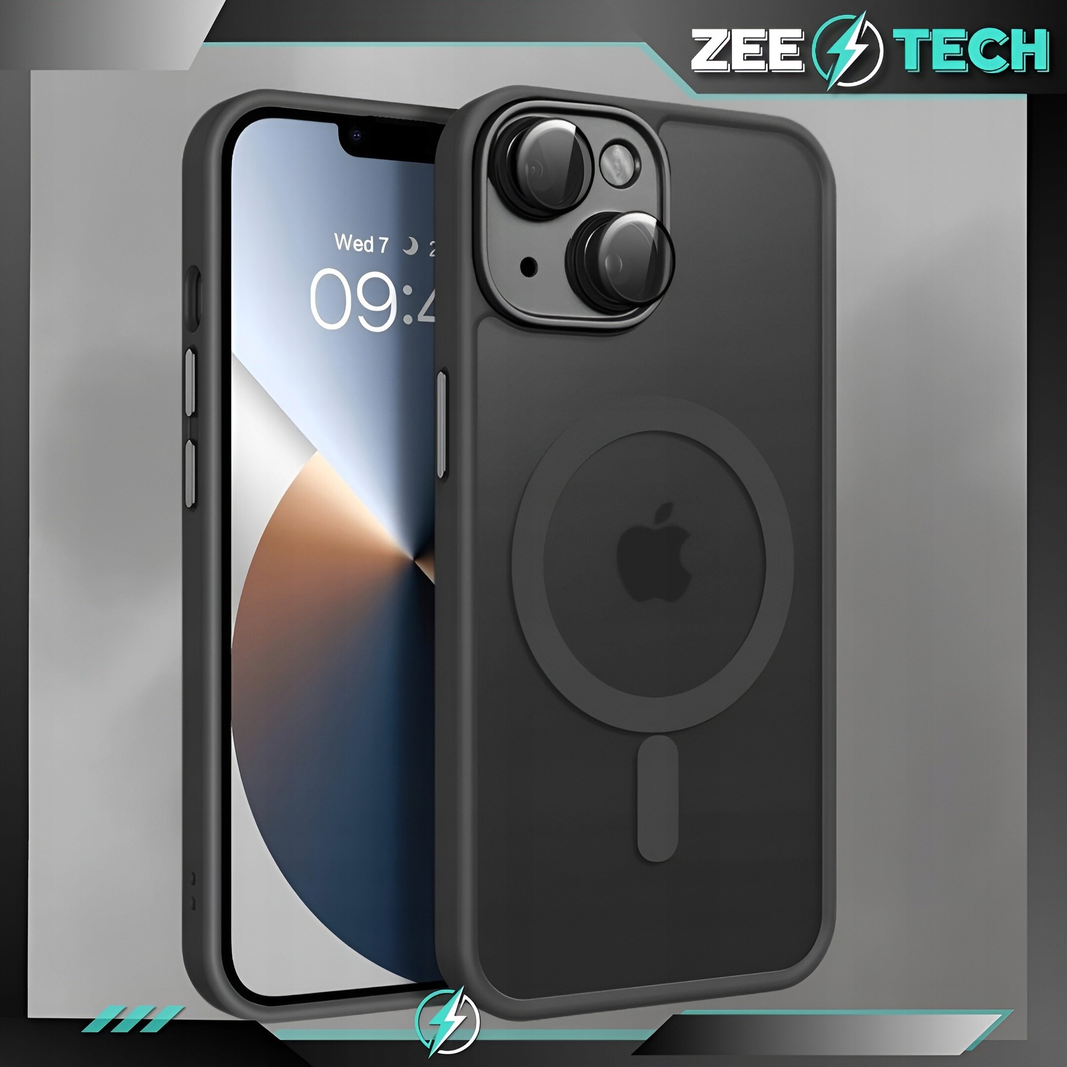 Czarne etui ochronne na telefon z widoczną osłoną aparatu i logo Apple. W tle ekran telefonu z wyświetloną godziną 09:28 i datą Wed 7.