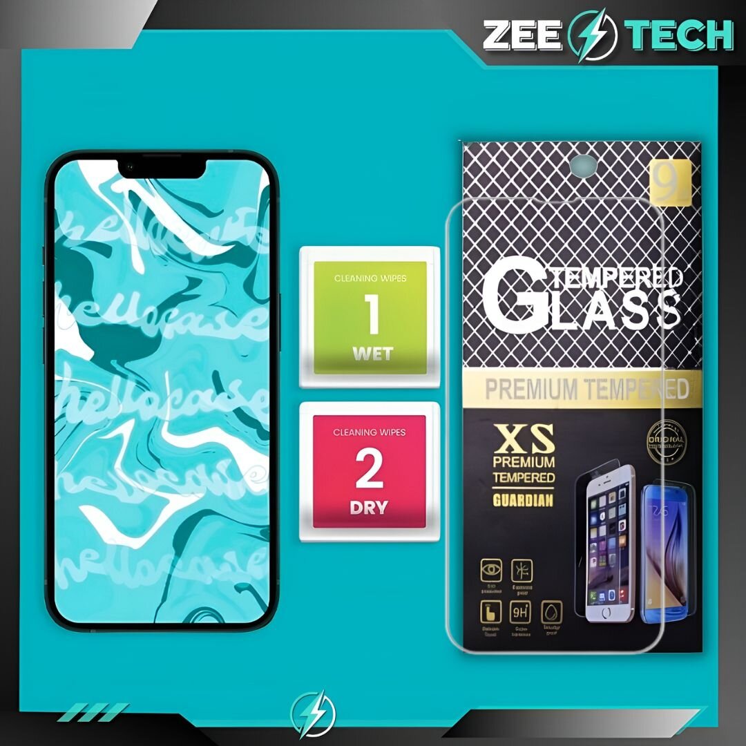 Obraz przedstawia telefon z niebieskim wzorem na ekranie oraz opakowanie szkła hartowanego z napisem \'G Tempered Glass Premium Tempered XS Premium Tempered Guardian\'. Obok znajdują się dwie chusteczki czyszczące oznaczone jako \'1 Wet\' i \'2 Dry\'.