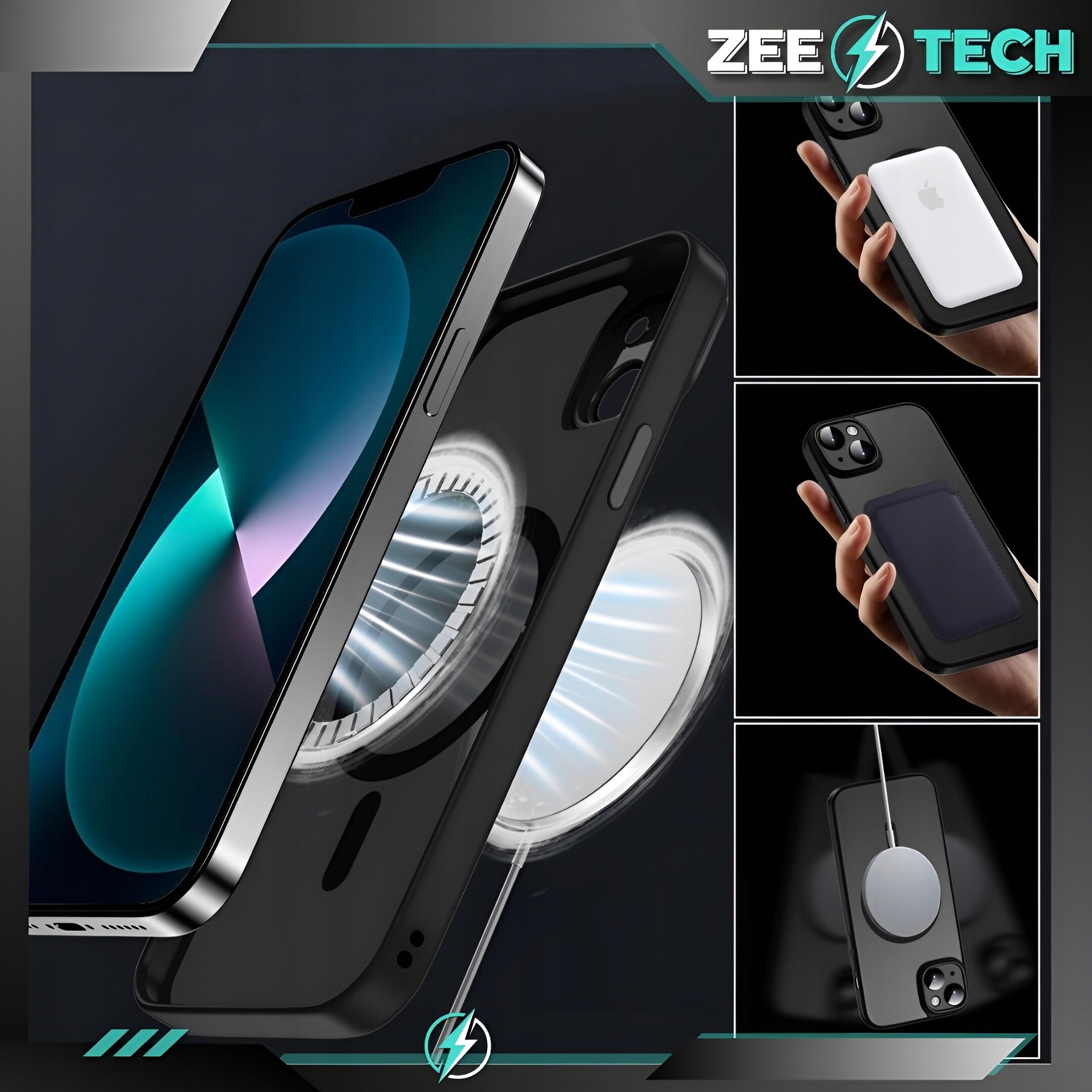 Obraz przedstawia czarne etui na iPhone z osłoną aparatu i szkłem ochronnym, z logo ZEE TECH w rogu. Etui jest pokazane z różnymi akcesoriami, w tym z białym i czarnym dodatkiem na tylnej części.