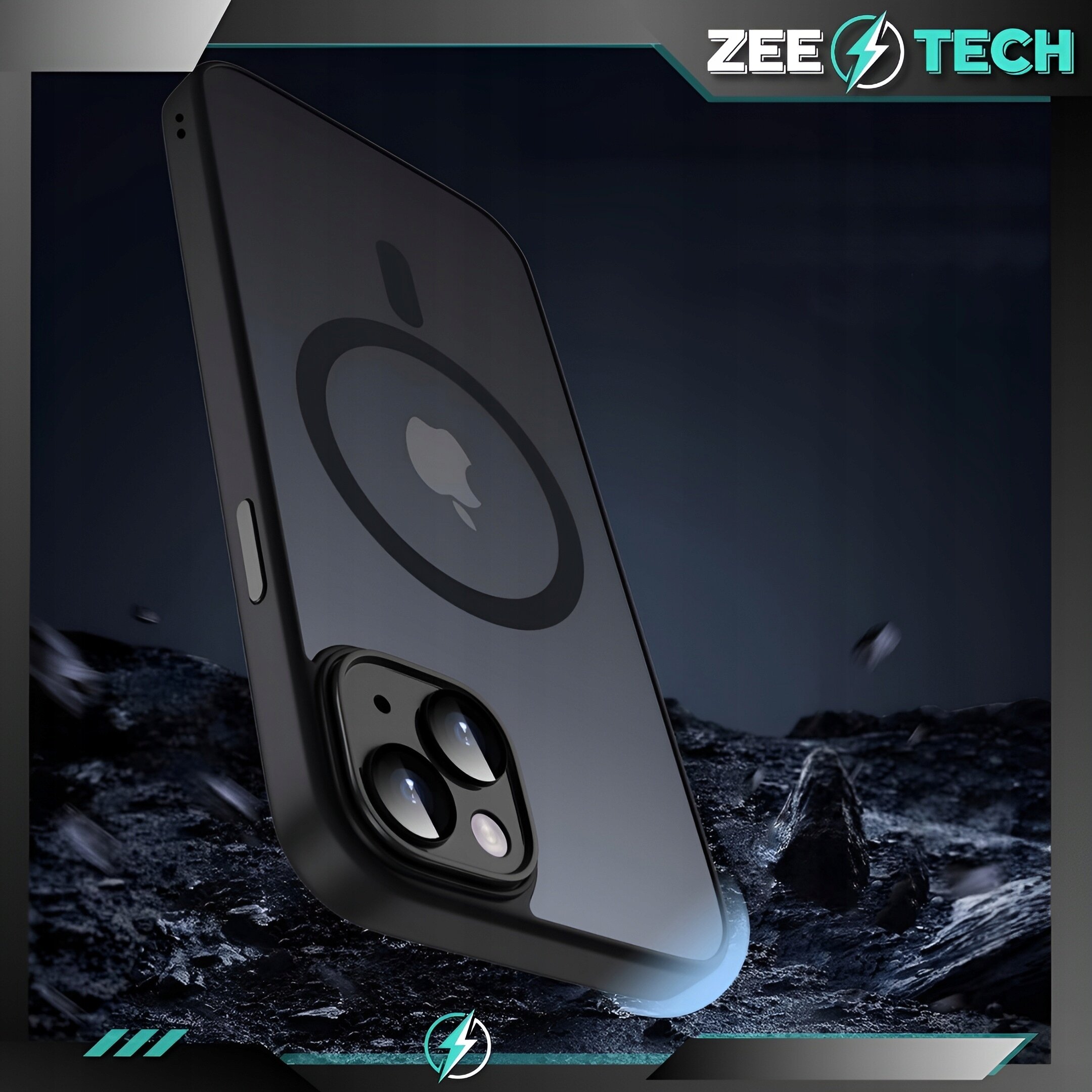 Czarne etui ochronne na telefon z widocznym logo producenta i wycięciem na aparat. W tle ciemne, skaliste podłoże, a w rogu logo \'ZEETECH\'.