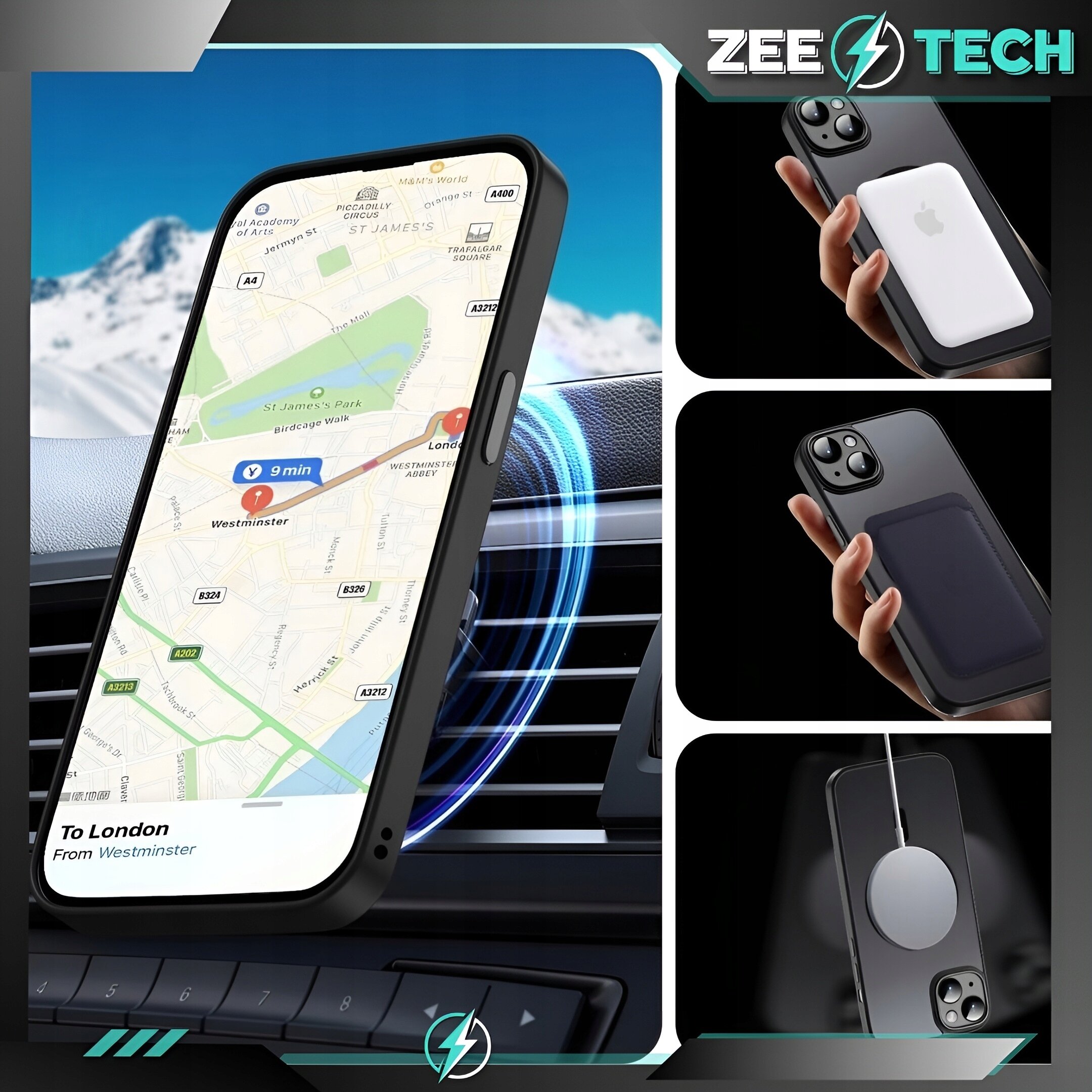 Obraz przedstawia czarne etui na telefon z osłoną aparatu, umieszczone w uchwycie samochodowym z widoczną mapą na ekranie. Po prawej stronie widać trzy zdjęcia etui z różnymi akcesoriami, a w górnym rogu logo ZEE TECH.