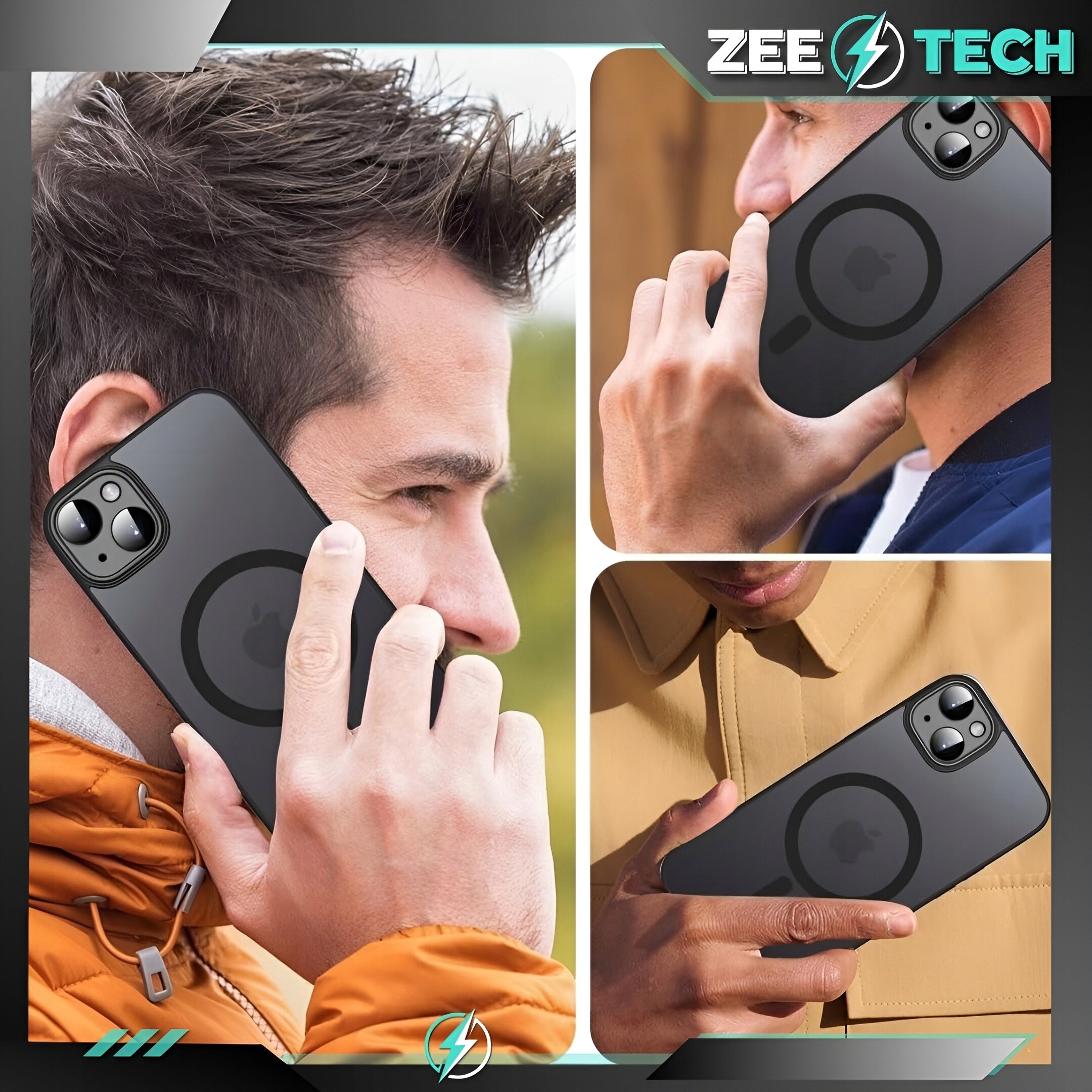 Obraz przedstawia trzy osoby trzymające telefony z czarnym etui, które ma okrągły wzór i osłonę aparatu. W lewym górnym rogu widoczne jest logo \'ZEETECH\'.