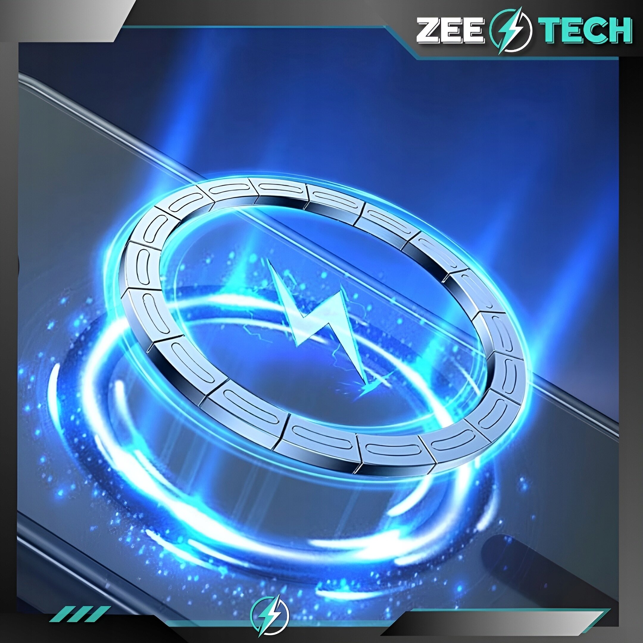 Obraz przedstawia niebieski, energetyczny krąg z błyskawicą w środku, na tle ciemnej powierzchni. W prawym górnym rogu widoczne jest logo \'ZEETECH\'.
