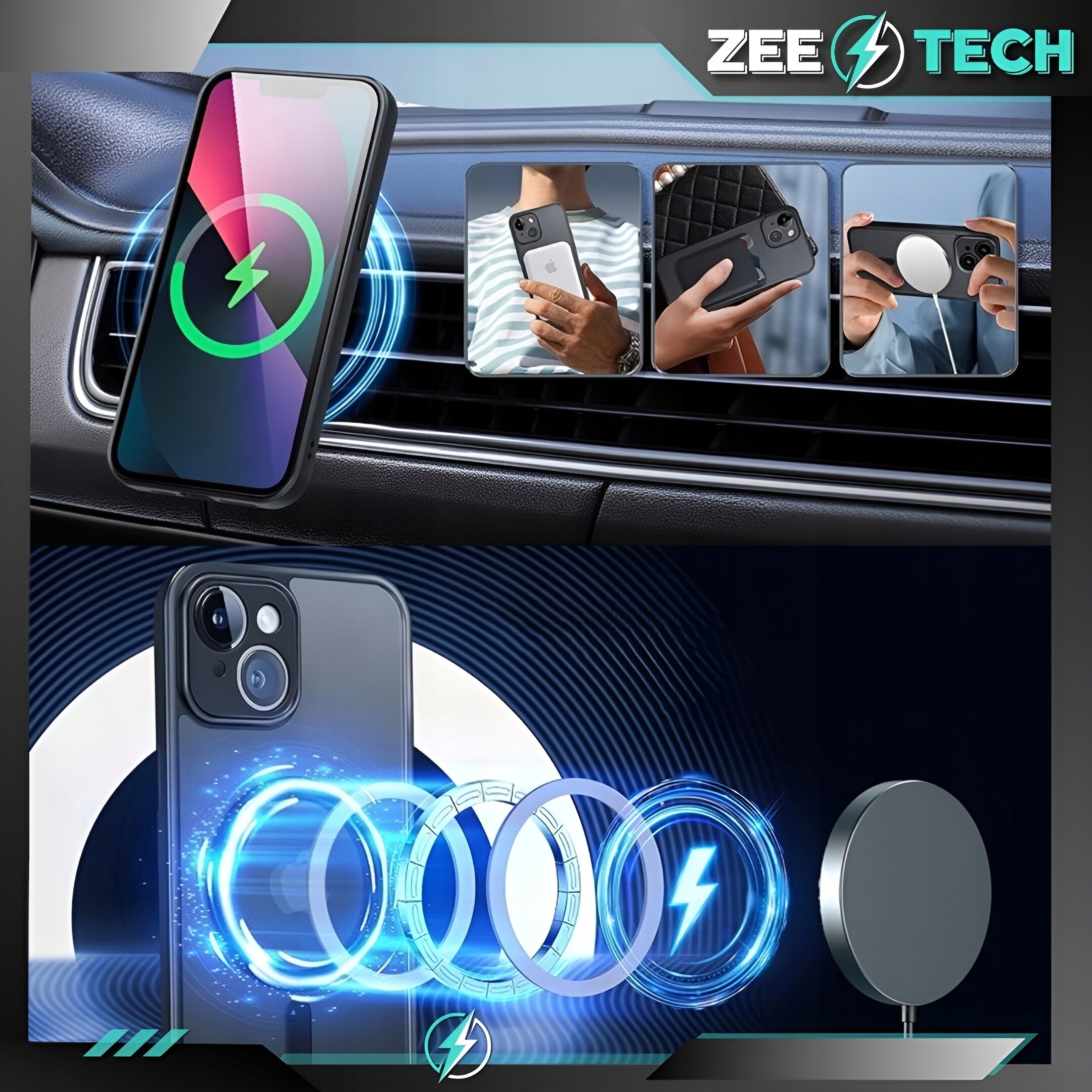Obraz przedstawia etui na telefon z funkcją magnetycznego mocowania, z logo ZEE TECH w rogu. Widać również telefon w etui oraz wizualizację technologii magnetycznej.