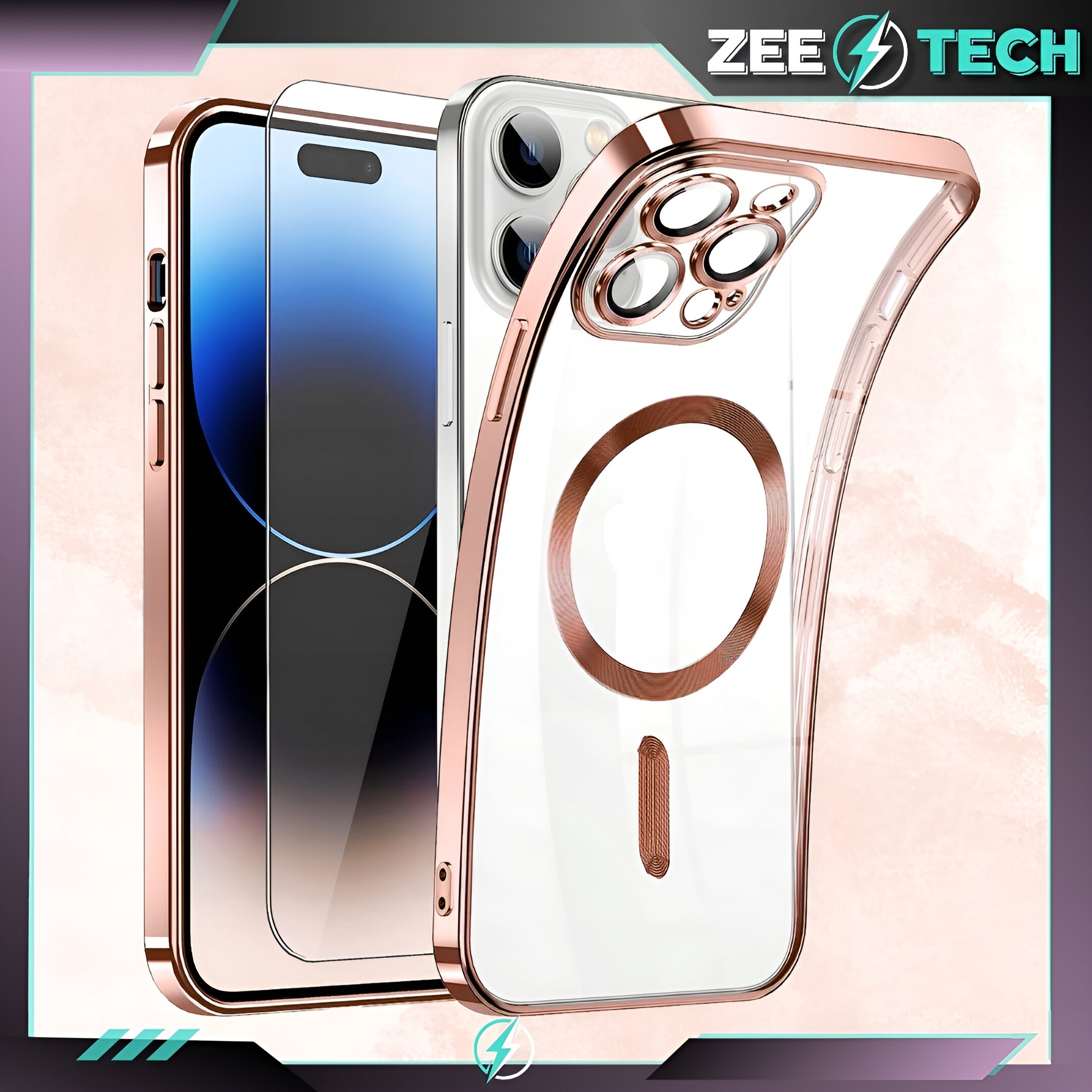 Obraz przedstawia przezroczyste etui z różowymi akcentami na telefon, z widoczną osłoną na aparat i okrągłym wzorem na plecach. W tle znajduje się telefon z trzema obiektywami aparatu, a w rogu widoczne jest logo \'ZEETECH\'.
