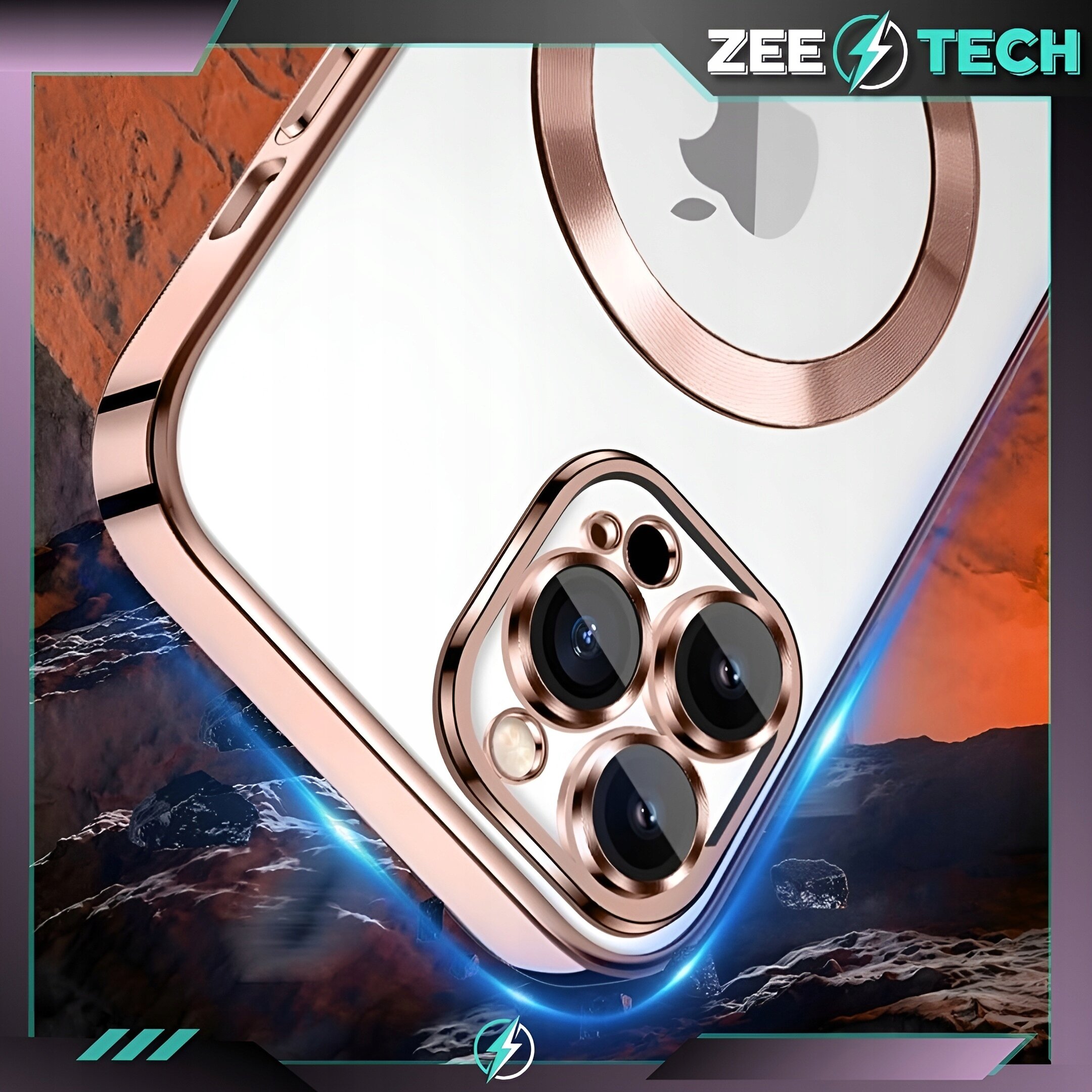 Zbliżenie na różowe etui ochronne z metalicznymi elementami na aparat iPhone\'a. W tle widoczne jest logo ZEE TECH.