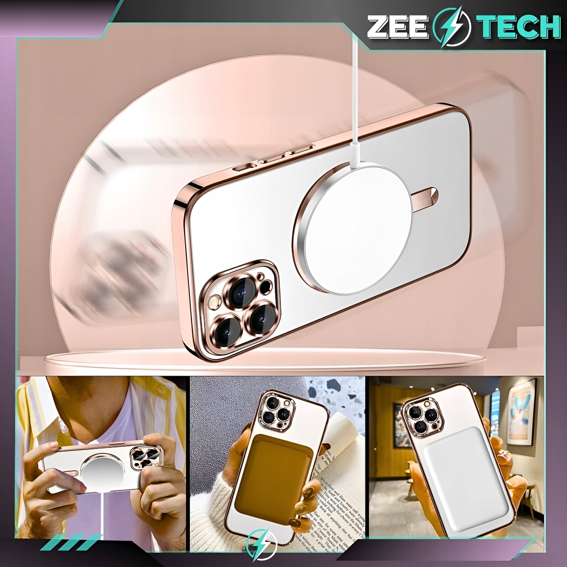 Obraz przedstawia różowe etui na telefon z widoczną osłoną aparatu i miejscem na ładowarkę magnetyczną. W górnym rogu widoczne jest logo \'ZEETECH\'.