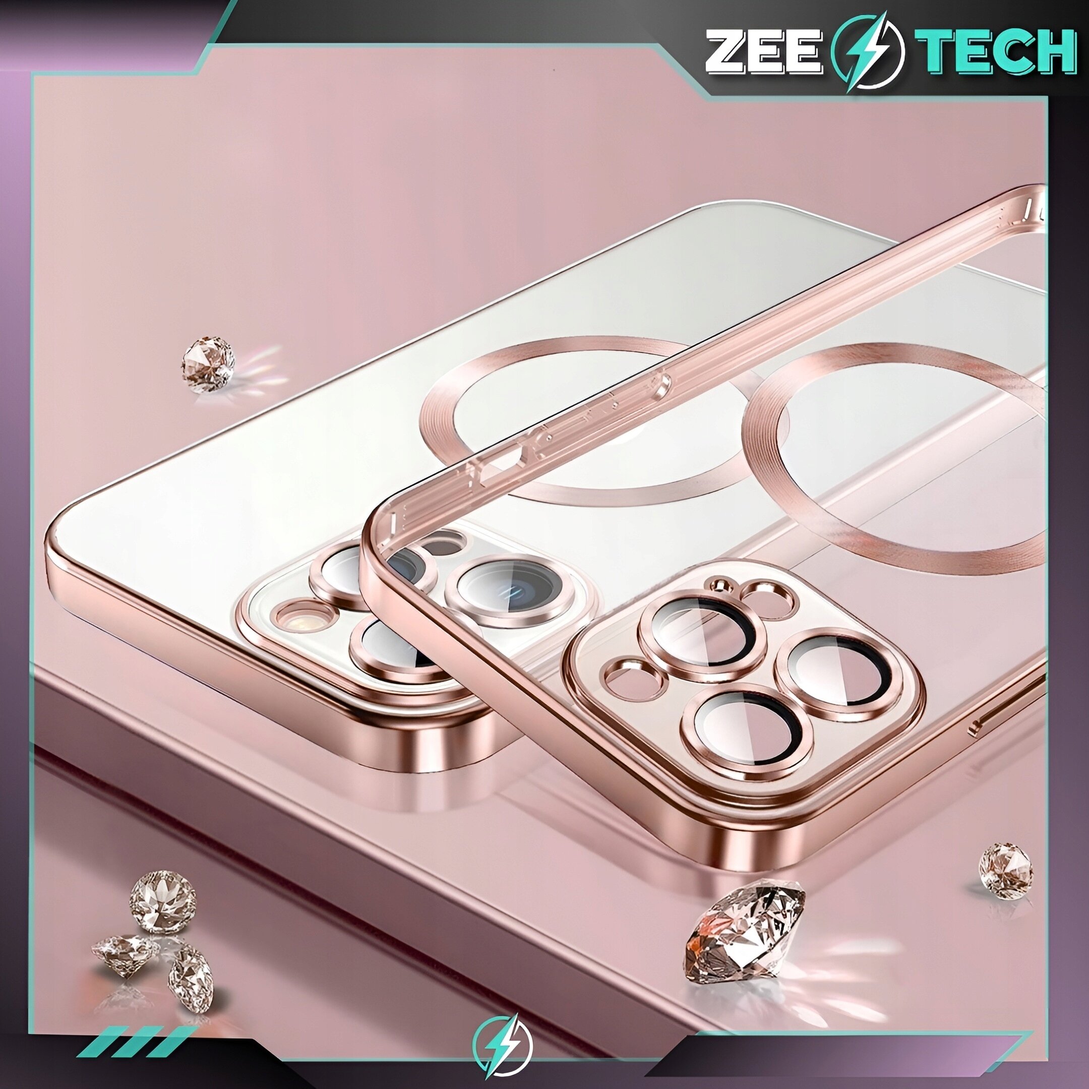 Różowe etui ochronne na telefon z osłoną aparatu i szkłem, ozdobione diamentowymi elementami. W górnym rogu widoczne jest logo ZEE TECH.