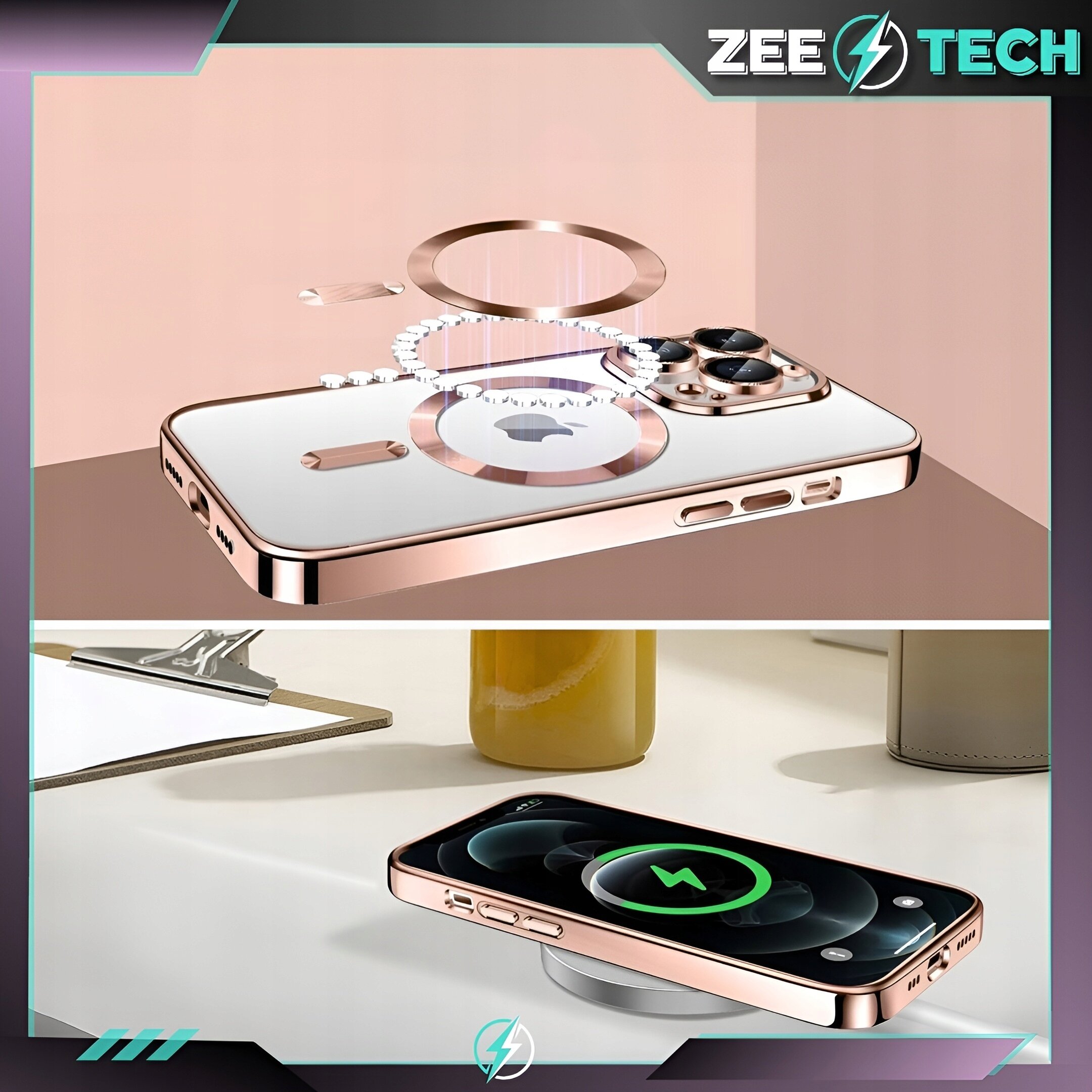 Obraz przedstawia różowe etui na telefon z metalicznymi elementami, z widoczną osłoną aparatu i szkłem ochronnym. Na górze widoczne jest logo ZEE TECH.