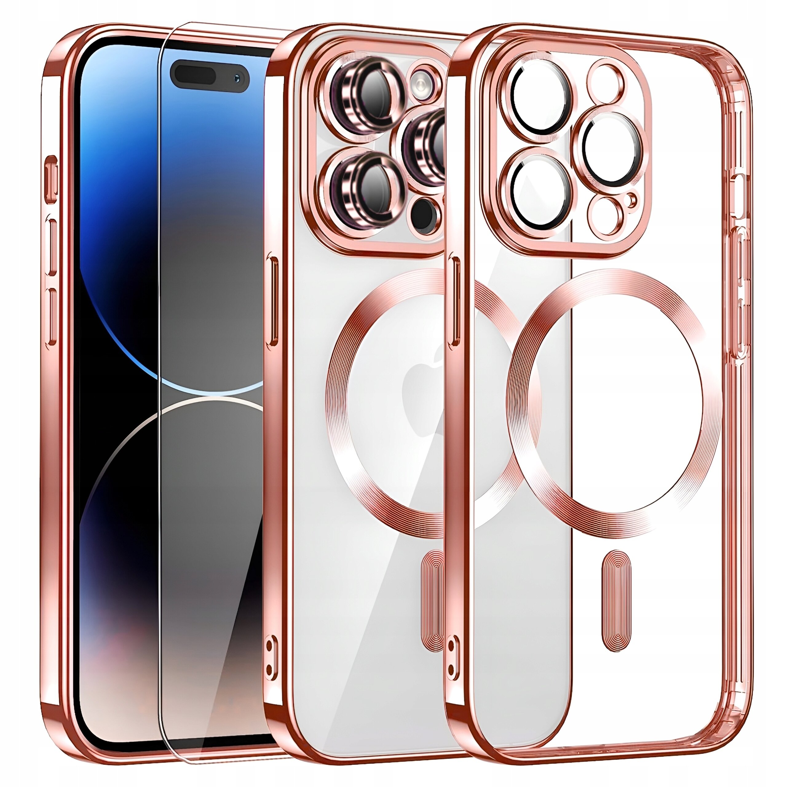 Obraz przedstawia różowe, przezroczyste etui ochronne na telefon z widocznymi wycięciami na aparat oraz szkło ochronne. Etui ma metaliczne wykończenie wokół krawędzi i otworów na aparat.