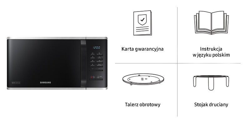 Obraz przedstawia kuchenkę mikrofalową z wyświetlaczem i przyciskami dotykowymi po prawej stronie. Obok znajdują się ikony z podpisami: Karta gwarancyjna, Instrukcja w języku polskim, Talerz obrotowy, Stojak druciany.