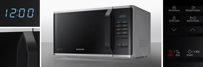 Srebrna kuchenka mikrofalowa z czarnym frontem i wyświetlaczem pokazującym godzinę 12:00. Panel sterowania zawiera przyciski z funkcjami takimi jak Microwave, Deodorization, Child Lock, Select/Clock, Stop, Eco, Start i +30s.