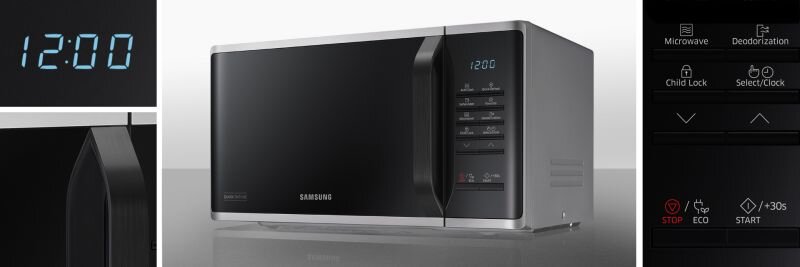 Kuchenka mikrofalowa w kolorze srebrnym z czarnym frontem i wyświetlaczem pokazującym godzinę 12:00. Panel sterowania zawiera przyciski z funkcjami takimi jak \'Microwave\', \'Deodorization\', \'Child Lock\', \'Select/Clock\', \'STOP\', \'ECO\', \'+30s\', \'START\'.