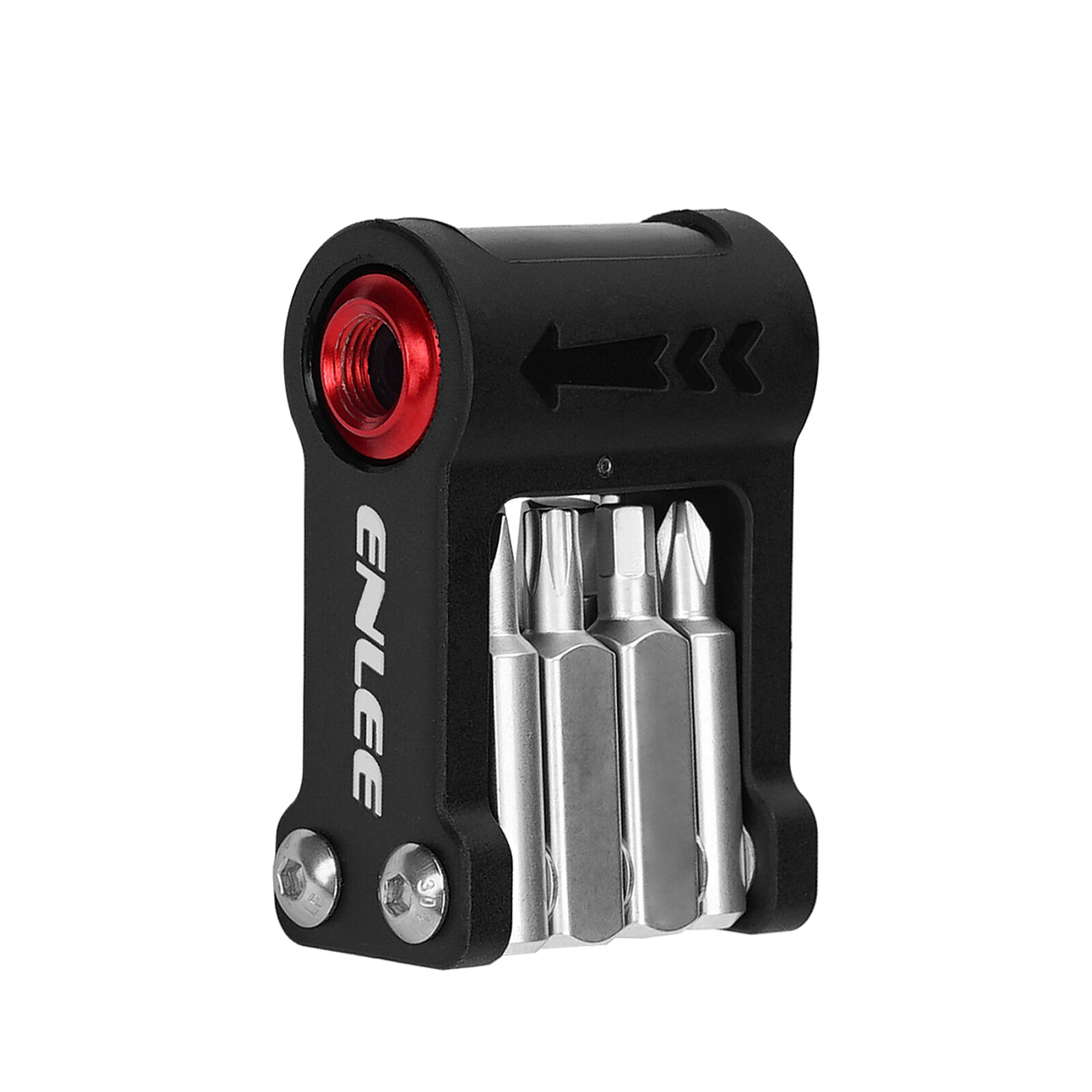 Czarny multitool z metalowymi końcówkami narzędzi i czerwonym elementem, z widocznym napisem \'ENLEE\'.