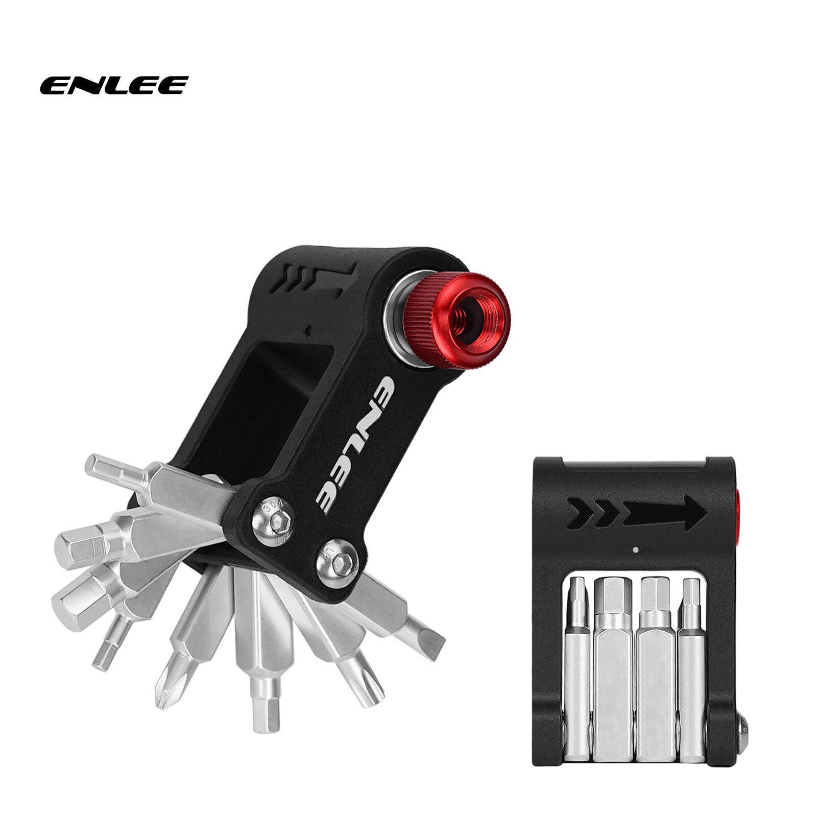 Na obrazie widoczny jest czarny multitool z kilkoma metalowymi końcówkami oraz czerwonym elementem. Obok znajduje się złożony zestaw narzędzi z widocznymi końcówkami i strzałką na obudowie.