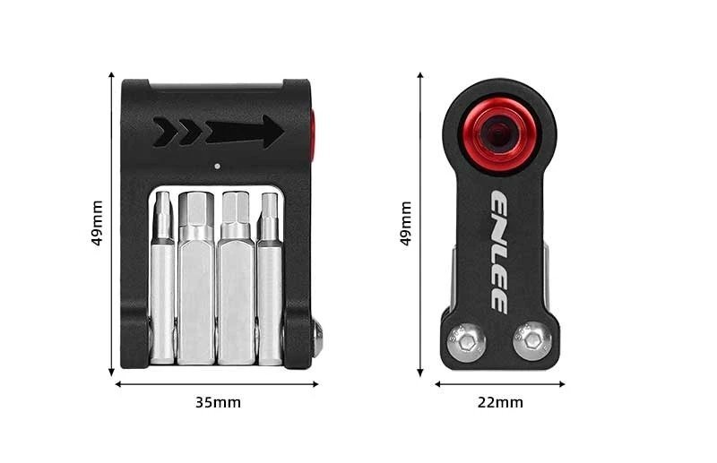 Na obrazie widoczny jest multitool z czarną obudową i metalowymi końcówkami, z oznaczeniami wymiarów 49mm x 35mm oraz 49mm x 22mm. Na jednym z elementów znajduje się napis \'ENLEE\'.
