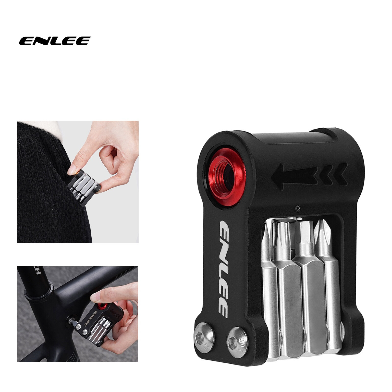 Na obrazie widoczny jest czarny multitool z metalowymi końcówkami i czerwonym elementem, z logo \'ENLEE\'. Obok pokazano jego użycie przy rowerze i wkładanie do kieszeni.