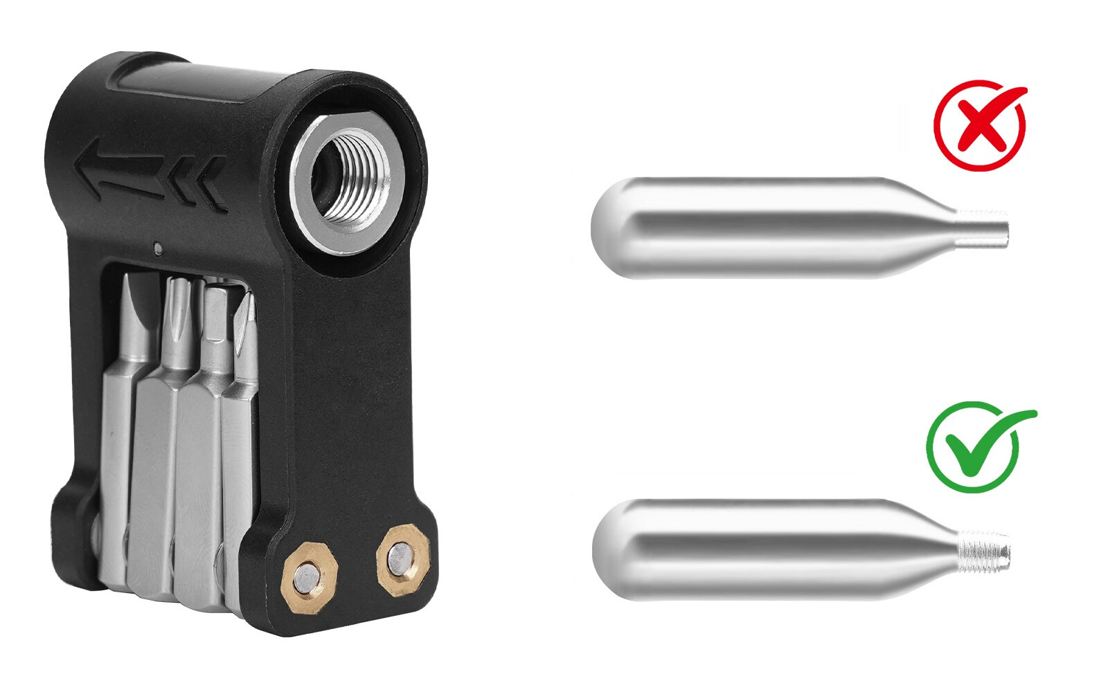 Na obrazie widoczny jest czarny multitool z kilkoma metalowymi końcówkami oraz dwie srebrne butle CO2, z których jedna ma zielony znak wyboru, a druga czerwony znak zakazu.