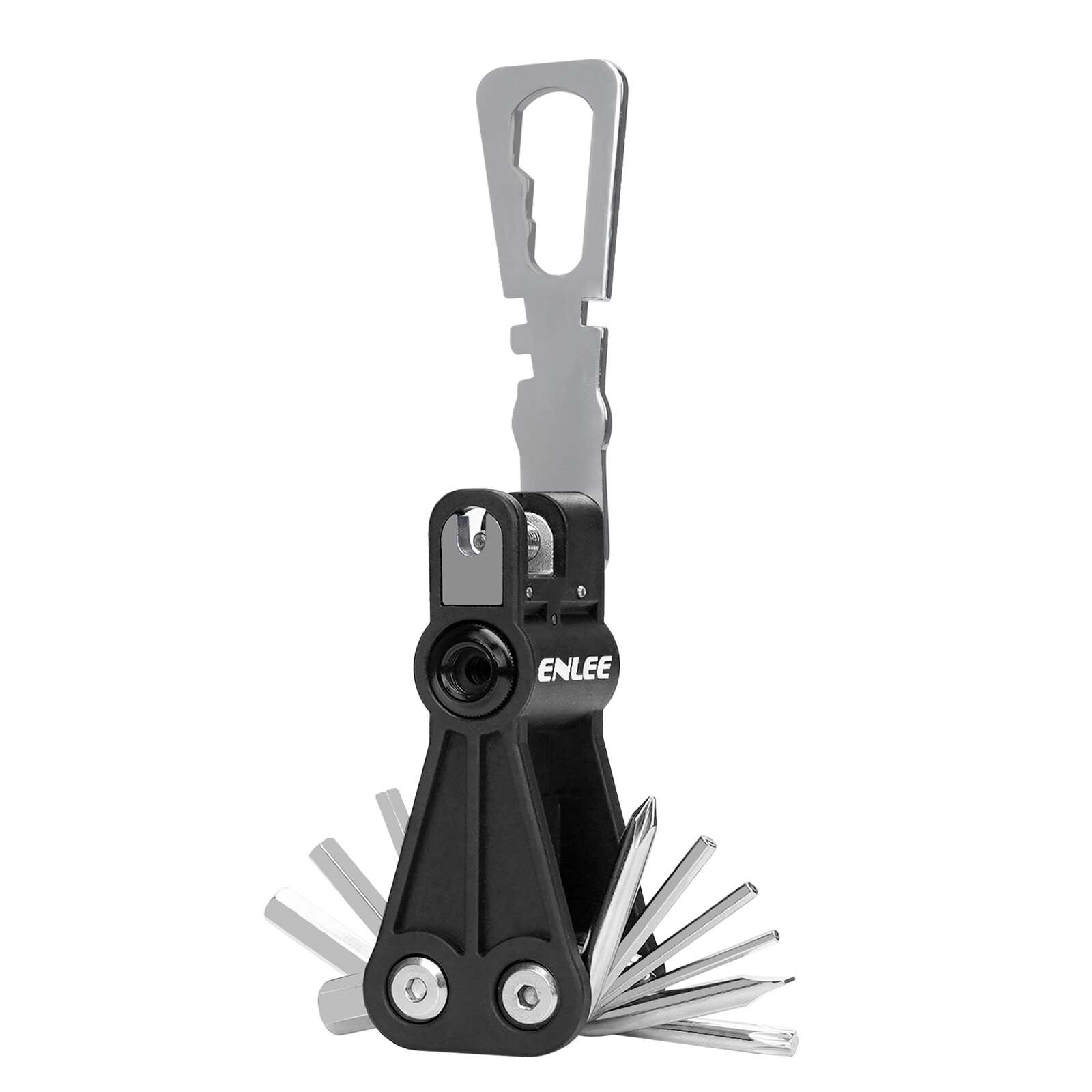 Na obrazie widoczny jest czarny multitool z kilkoma metalowymi narzędziami rozłożonymi na boki. Na urządzeniu znajduje się napis \'ENLEE\'.