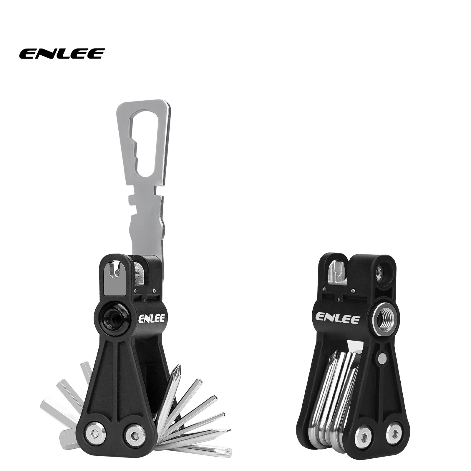 Na obrazie widoczny jest multitool z rozłożonymi i złożonymi narzędziami, z logo \'ENLEE\'. Narzędzia są metalowe, a obudowa czarna.