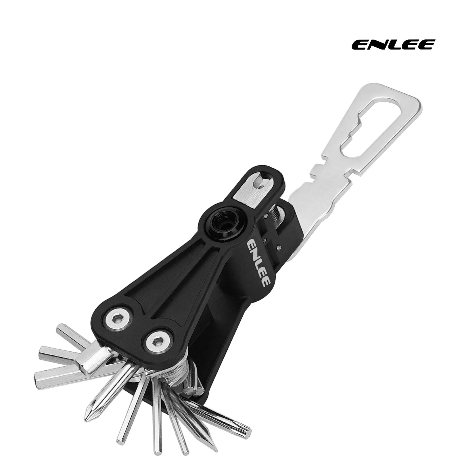 Na obrazie widoczny jest czarny multitool z różnymi narzędziami, w tym kluczami i bitami, oraz logo \'ENLEE\'.