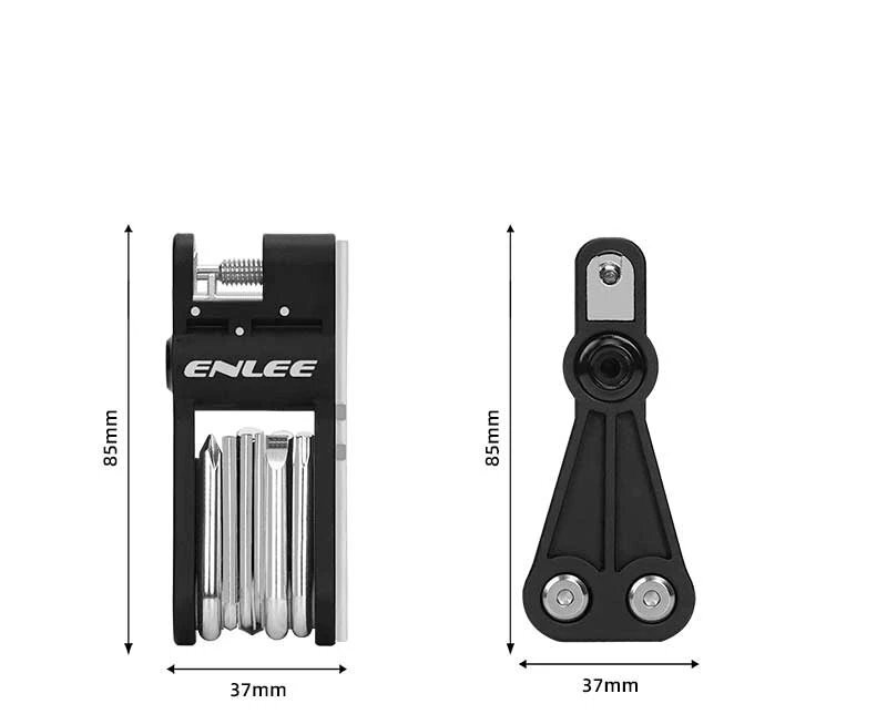 Obraz przedstawia multitool z logo \'ENLEE\', o wymiarach 85mm na 37mm. Narzędzie ma metalowe elementy i czarną obudowę.