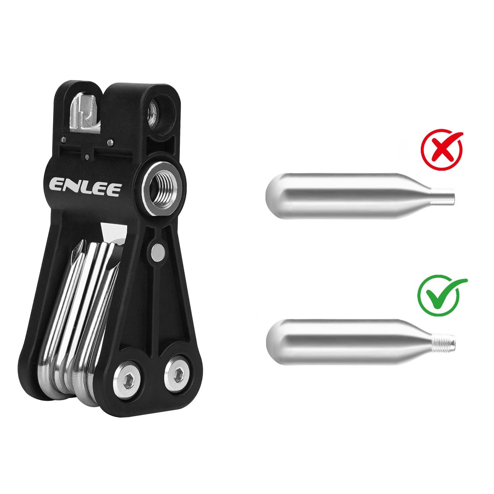 Na obrazie widoczny jest czarny multitool z logo \'ENLEE\' oraz dwa srebrne naboje CO2, z których jeden ma zielony znak potwierdzenia, a drugi czerwony znak zakazu.