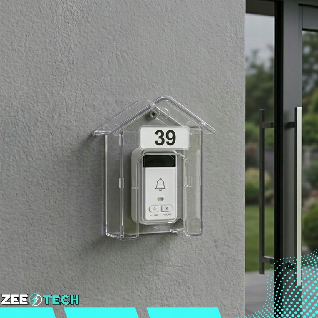 Na ścianie zamontowany jest przezroczysty daszek ochronny w kształcie domku, pod którym znajduje się dzwonek z numerem \'39\'. W lewym dolnym rogu widoczne jest logo \'ZEETECH\'.