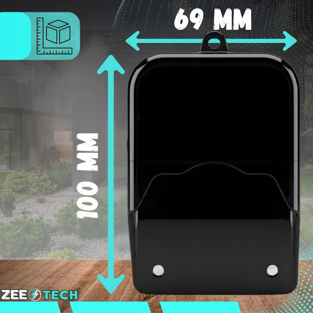 Czarny daszek ochronny o wymiarach 69 mm na 100 mm, z otworem na górze i dwoma srebrnymi elementami na dole. W lewym dolnym rogu widoczne jest logo \'ZEETECH\'.