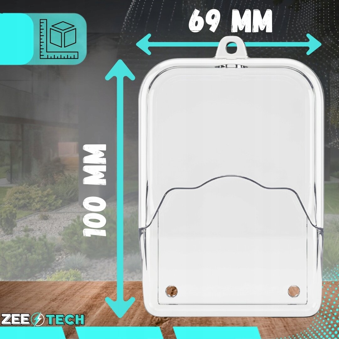 Przezroczysty daszek ochronny o wymiarach 69 mm na 100 mm z otworami montażowymi. Logo \'ZEETECH\' widoczne w lewym dolnym rogu.