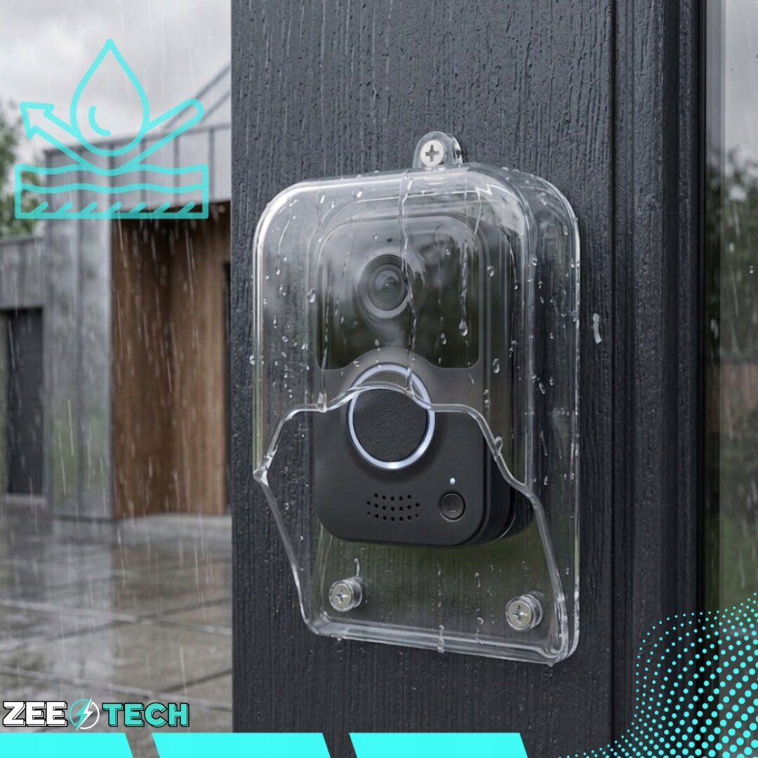 Na obrazie widoczny jest daszek ochronny zamontowany nad dzwonkiem bezprzewodowym, osłaniający go przed deszczem. W lewym dolnym rogu znajduje się logo ZEE TECH.