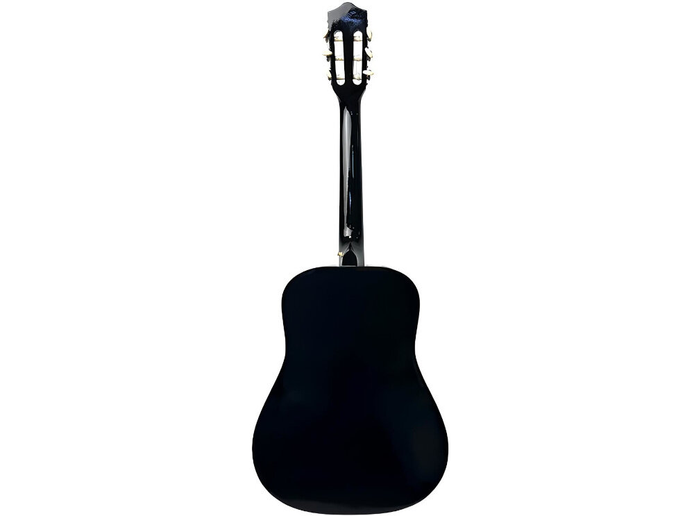 Czarna gitara klasyczna widziana od tyłu, z widocznym gryfem i główką. Instrument ma błyszczące wykończenie.