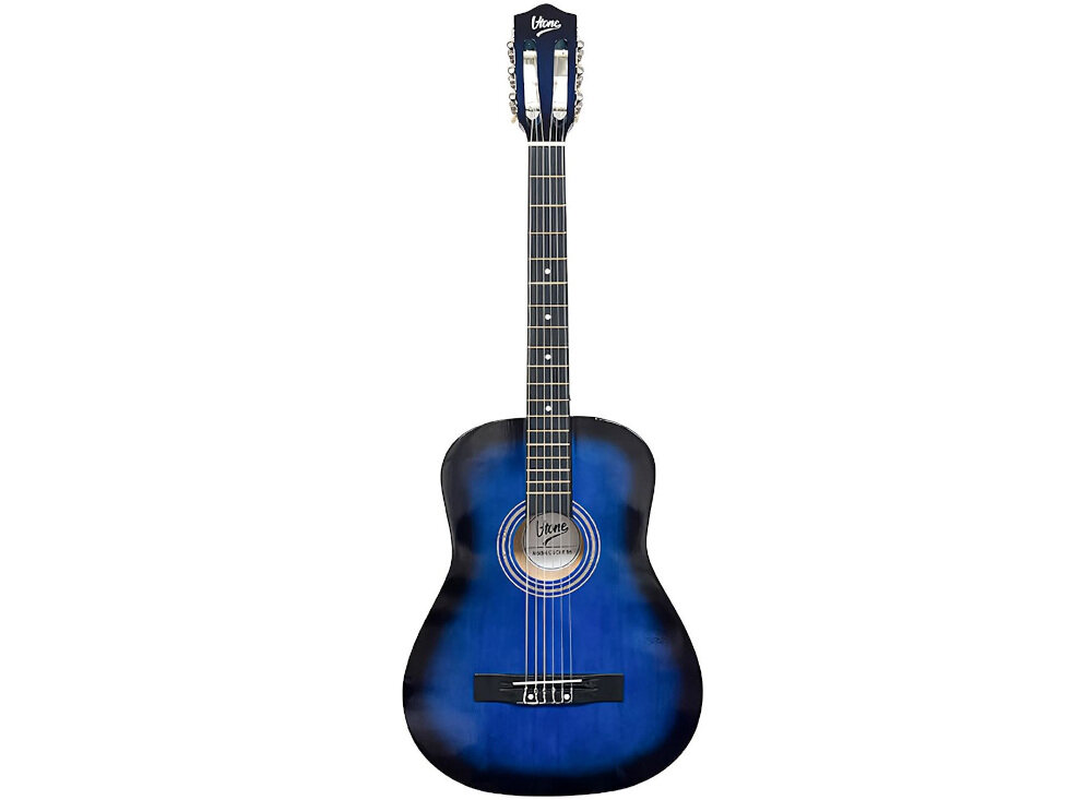 Gitara klasyczna w kolorze niebieskim z ciemniejszymi krawędziami. Na główce widoczne jest logo \'V-TONE\'.