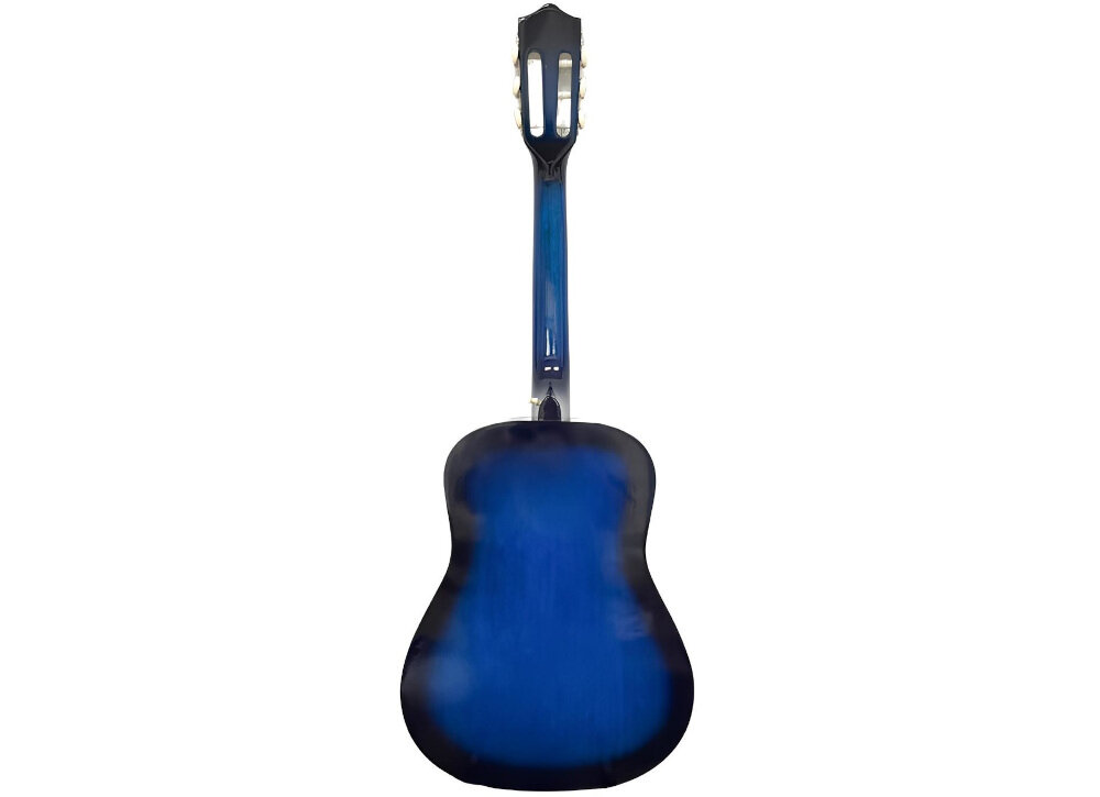 Obraz przedstawia tył gitary klasycznej w kolorze czarnym z niebieskim gradientem. Gitara ma klasyczny kształt z widocznym gryfem i główką.