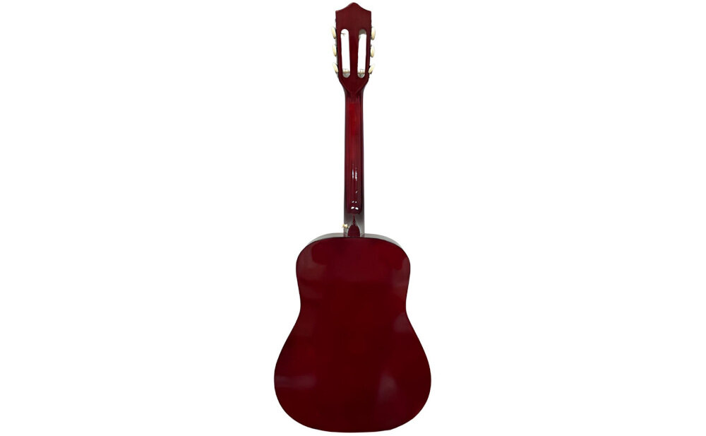 Obraz przedstawia tył klasycznej gitary w kolorze bordowym. Gitara ma błyszczące wykończenie i widoczne są klucze do strojenia na główce.