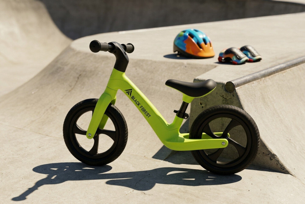 Zielony rowerek biegowy BLACK FOREST rowerek widoczny bokiem w skateparku w tle leży kask i ochraniacze wygoda komfort jazdy uchwyty z ogranicznikami antypoślizgowy materiał pewny chwyt bezpieczne prowadzenie