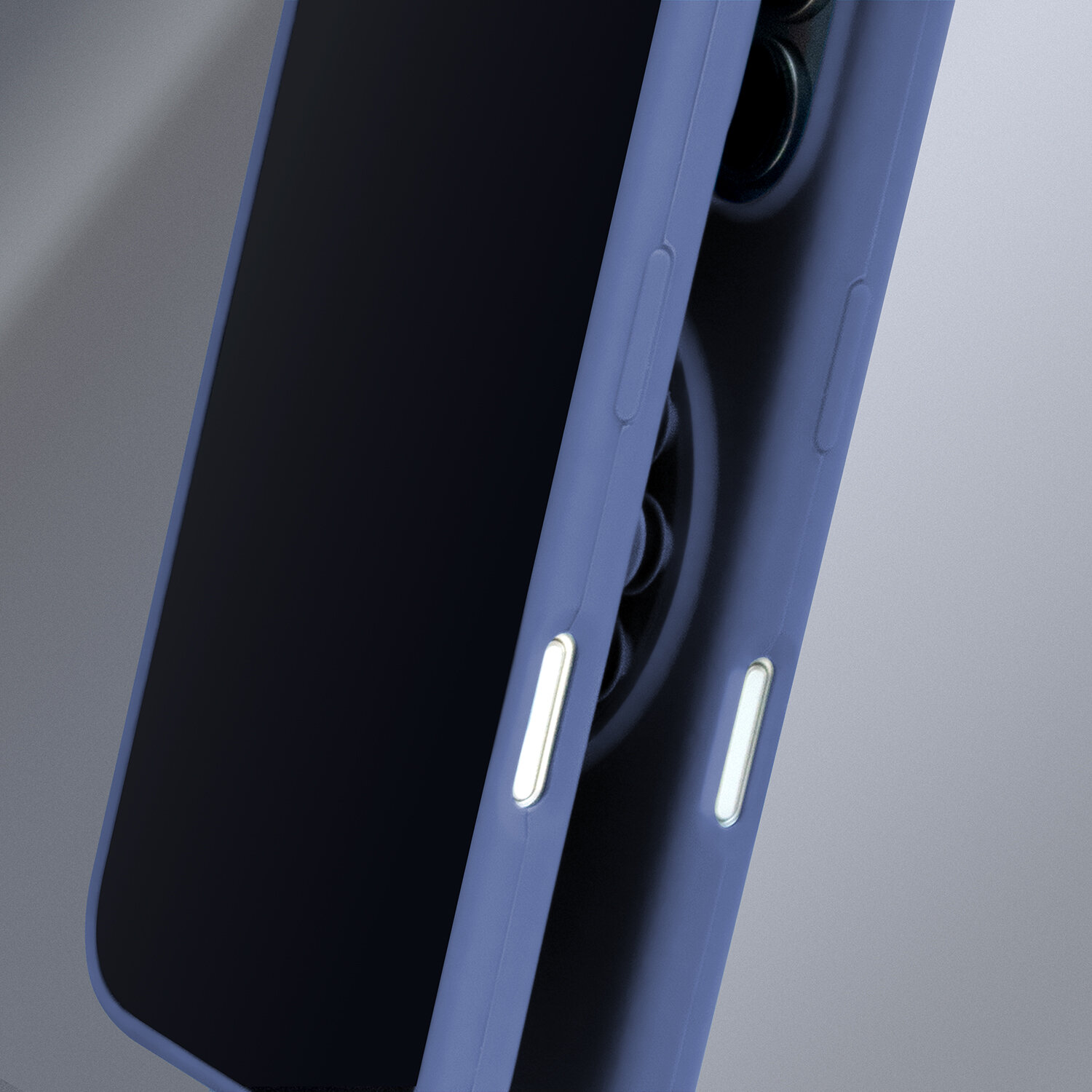 Obraz przedstawia niebieską silikonową nakładkę na smartfon z widocznymi przyciskami bocznymi i otworami na aparat.