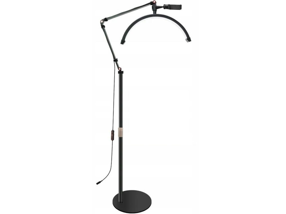 Czarna lampa LED do paznokci z regulowanym ramieniem i okrągłą podstawą. Posiada przewód z włącznikiem.