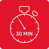 Czerwona ikona z białym symbolem stopera i napisem \'30 MIN\'.