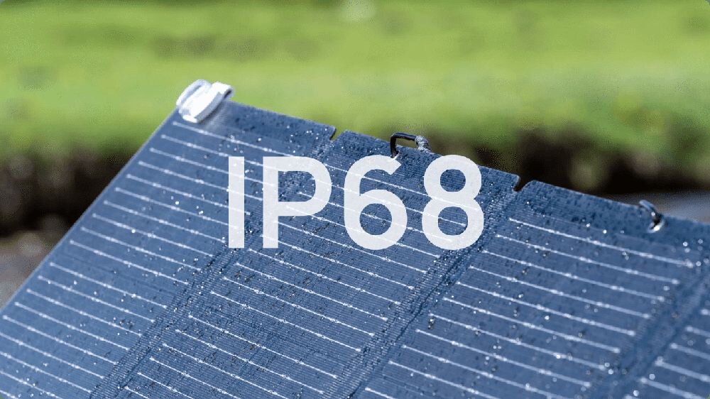 Panel fotowoltaiczny ECOFLOW EFSOLARLIGHT220W-P-D 220W, ochrona, deszcz, woda, szczelność, Zbliżenie na wodoodporny panel z oznaczeniem IP68.
