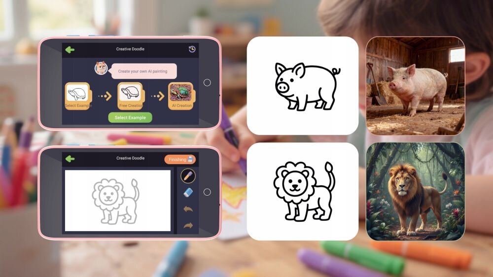Obraz przedstawia ekran urządzenia z aplikacją \'Creative Doodle\', gdzie można tworzyć rysunki AI. Obok widoczne są proste rysunki świni i lwa oraz ich realistyczne wersje.