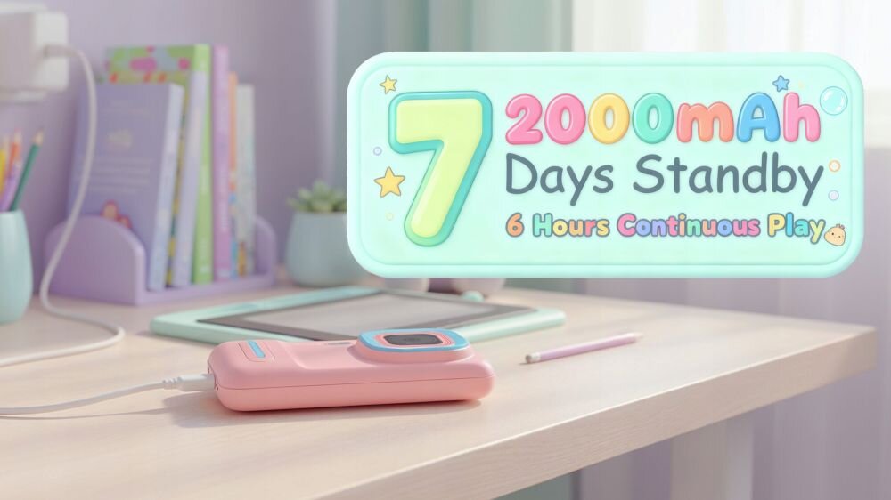 Na biurku leży różowy aparat z niebieskimi elementami, podłączony do ładowania. Obok widoczny jest napis: \'7 2000mAh Days Standby 6 Hours Continuous Play\'.