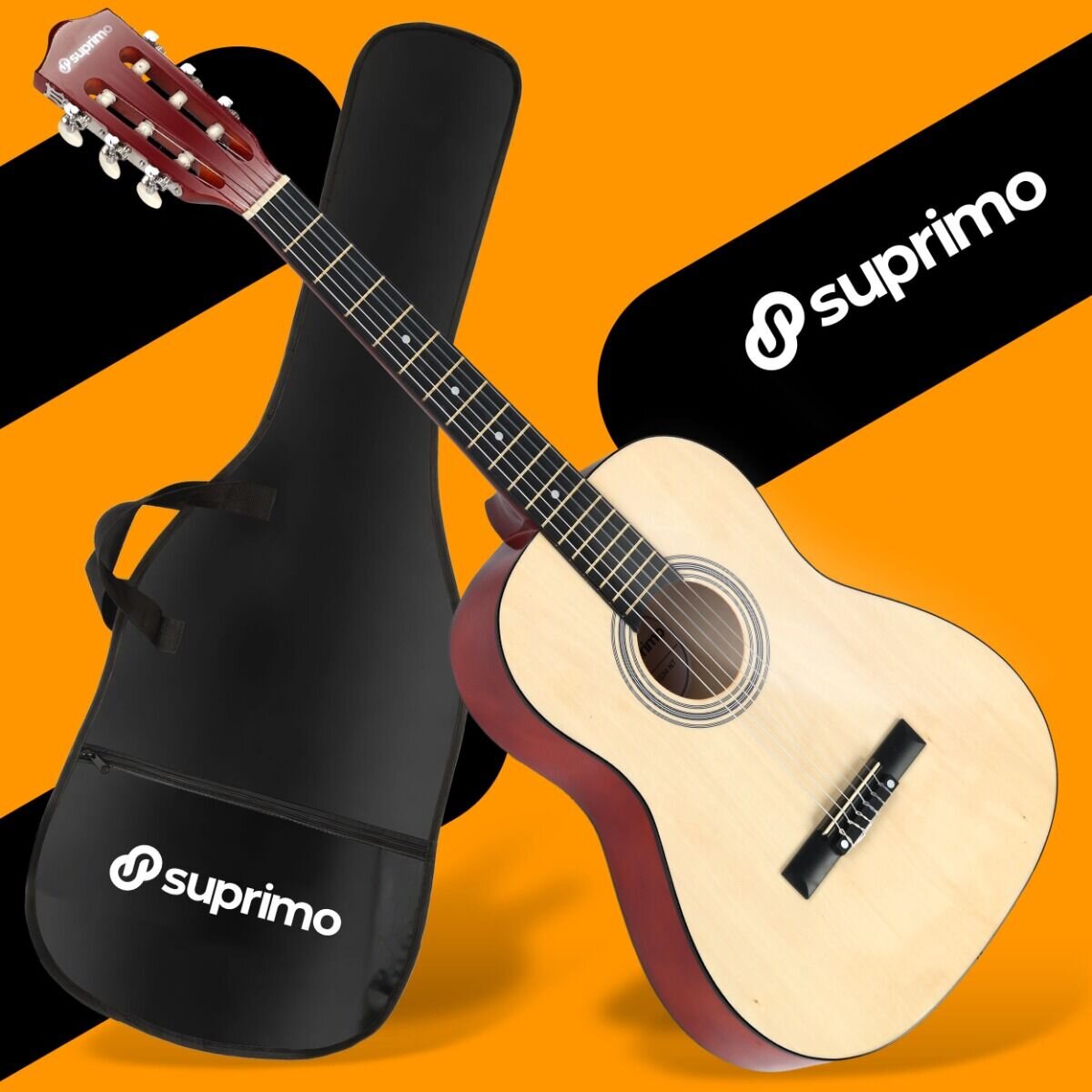 Na obrazie widoczna jest klasyczna gitara 3/4 z jasnym pudłem rezonansowym oraz czarny pokrowiec z logo \'suprimo\'. Tło jest pomarańczowe z czarnymi elementami.