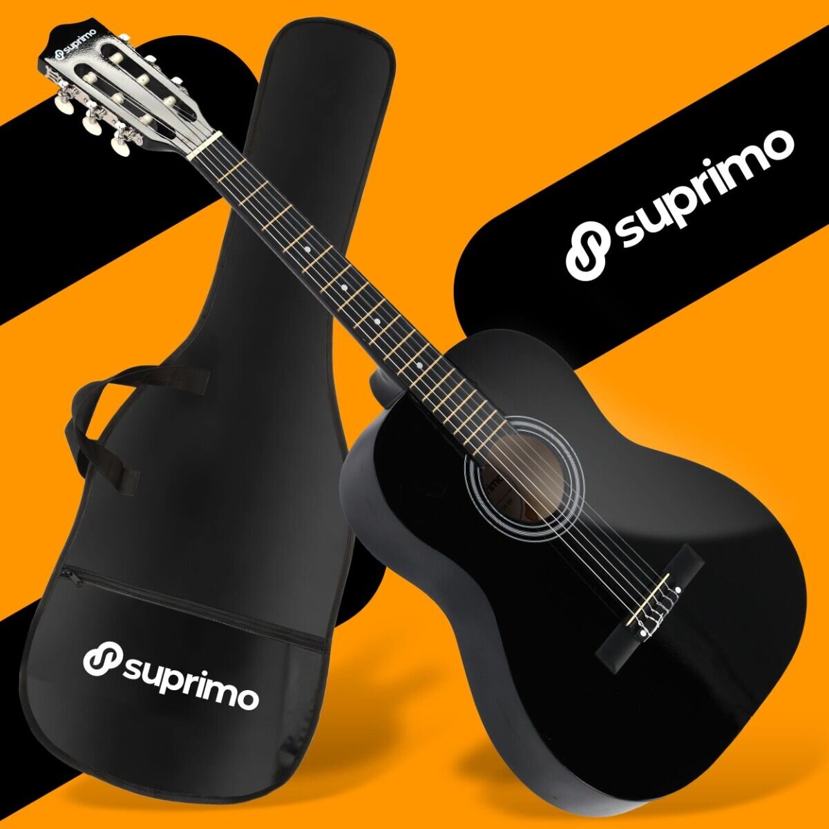 Czarna gitara klasyczna z sześcioma strunami i pokrowcem, na tle pomarańczowo-czarnym. Na pokrowcu i tle widoczne jest logo \'suprimo\'.