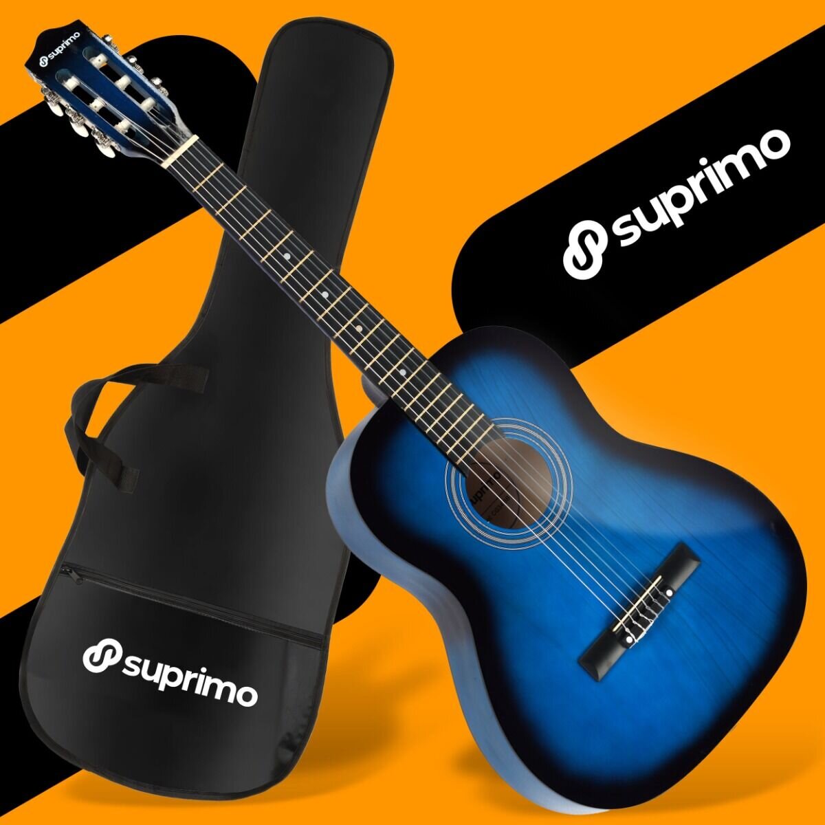 Na obrazie znajduje się niebieska gitara klasyczna oraz czarny pokrowiec z logo \'suprimo\'. Tło jest pomarańczowe z czarnymi elementami.