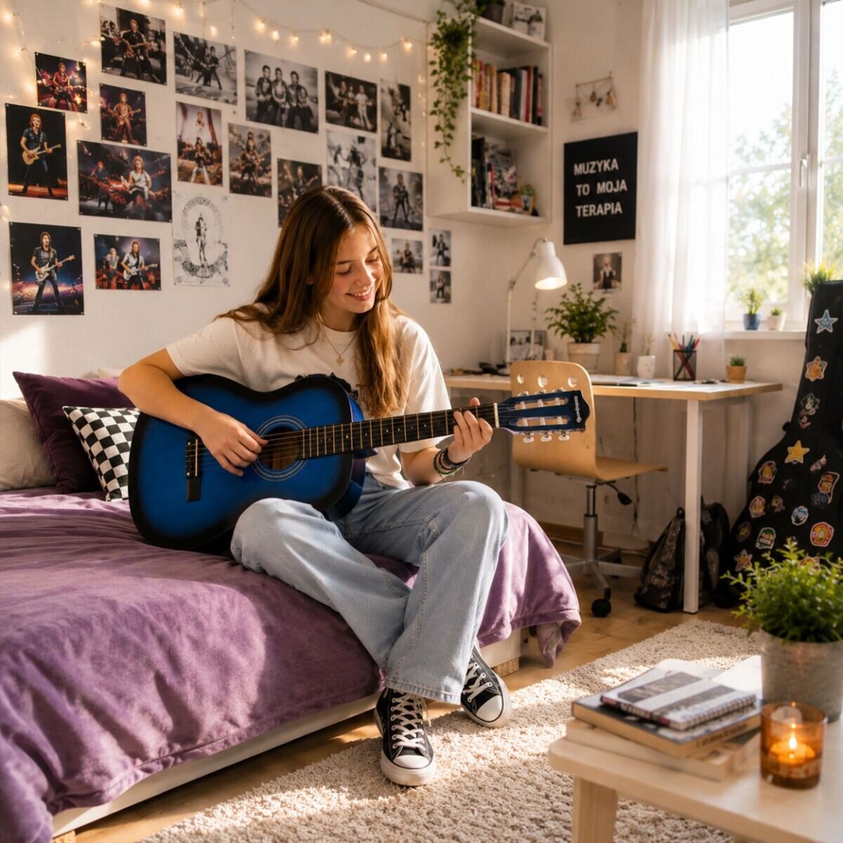 Osoba siedzi na łóżku w pokoju, trzymając niebieską gitarę klasyczną. Na ścianie wisi plakat z napisem \'MUZYKA TO MOJA TERAPIA\'.