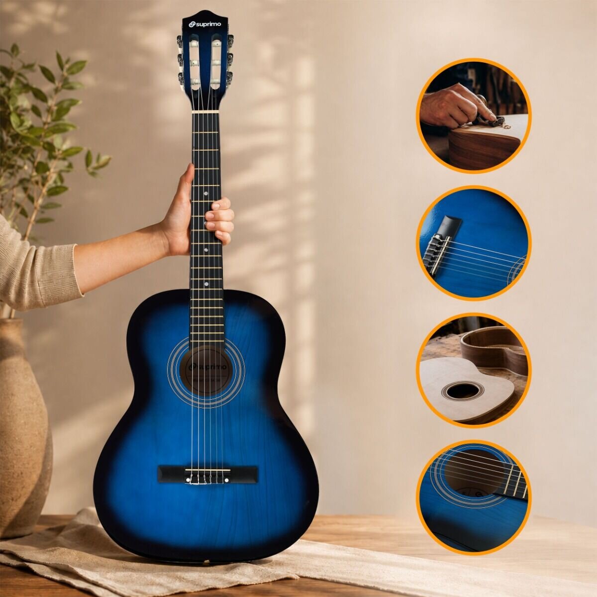 Osoba trzyma niebieską gitarę klasyczną z widocznym logo \'suprimo\' na główce. Obok znajdują się cztery okrągłe zdjęcia przedstawiające detale gitary i proces jej tworzenia.