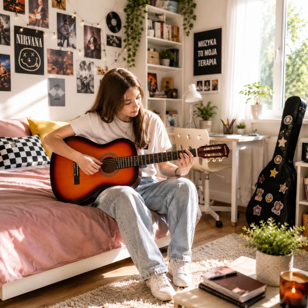Osoba siedzi na łóżku w pokoju, grając na klasycznej gitarze. W tle widać plakat z napisem \'MUZYKA TO MOJA TERAPIA\' oraz futerał na gitarę ozdobiony naklejkami.