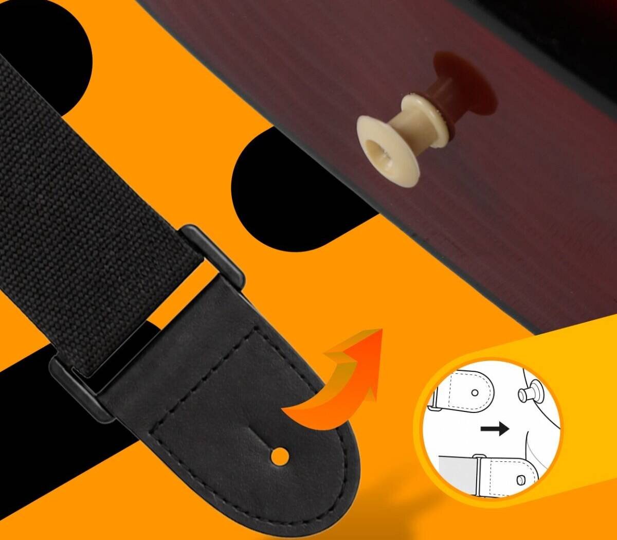 Obraz przedstawia czarny pasek do gitary z otworem na zaczep oraz schematyczny rysunek pokazujący sposób mocowania paska do zaczepu na gitarze. Tło jest pomarańczowe z czarnymi elementami graficznymi.