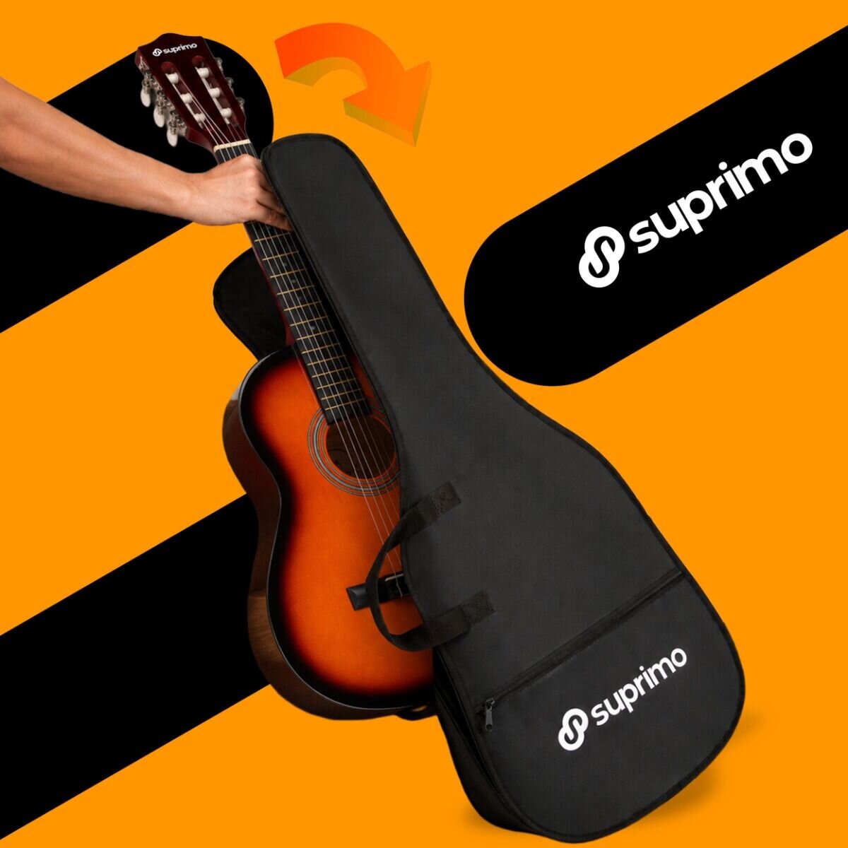 Osoba wkłada gitarę klasyczną do czarnego pokrowca z logo \'suprimo\'. Tło jest pomarańczowe z czarnymi elementami graficznymi.